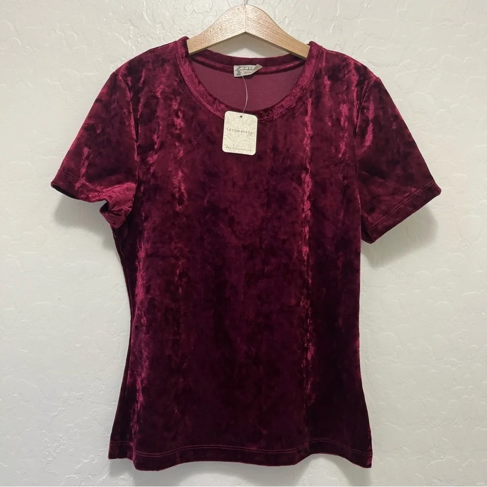 Free People Intimately Crushed Velvet Baby Tee Top Sz M Bordeaux Burgundy